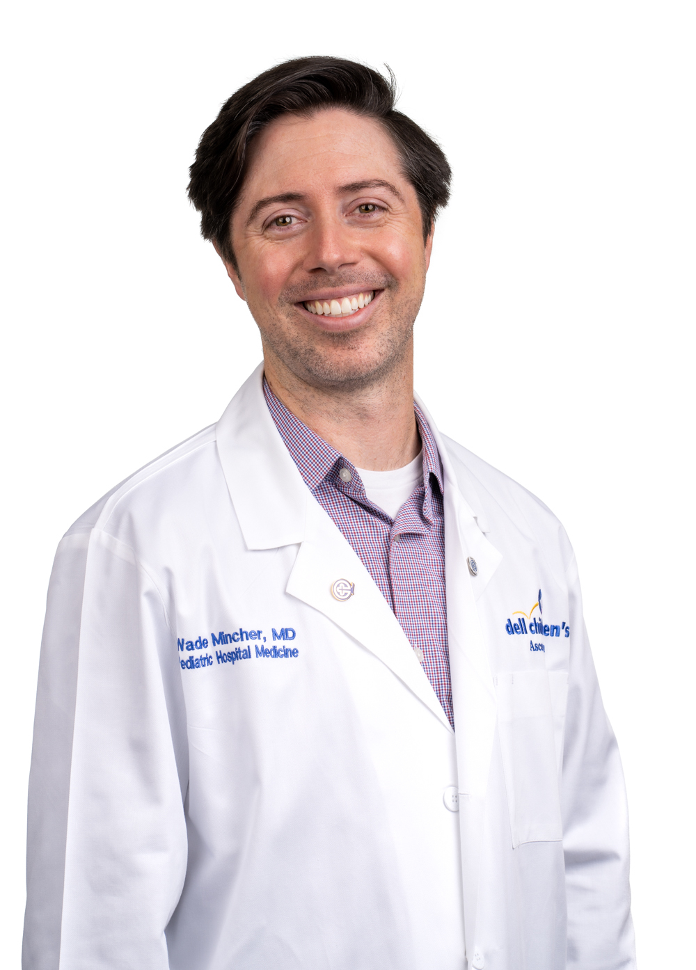Pediatric hospitalist Alan "Wade" Mincher, MD, FAAP, wearing a white coat and smiling in front of a white backdrop.