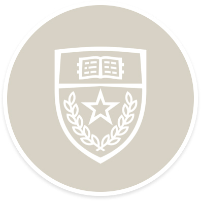 The UT Austin crest in white against a beige background.